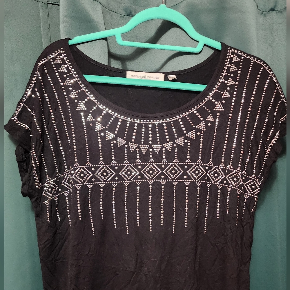 Tempted Hearts Black Blouse with Embellished Neckline and Short Sleeves